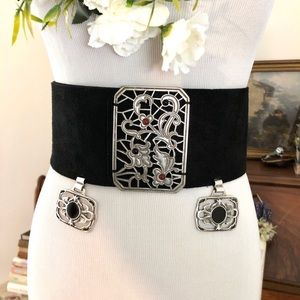 Nidodileda unique black 100% suede ornate belt with silver and gemstone accents
